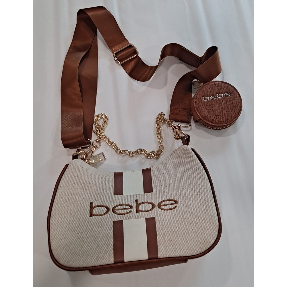 bebe Beige Brown Logo Shoulder Bag Zip Gold Chain Detachable Strap Coin Pouch